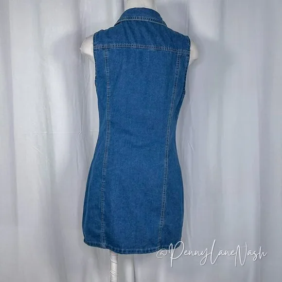 Shein Denim Button Front Sleeveless Shirt Dress Blue - Picture 7 of 10